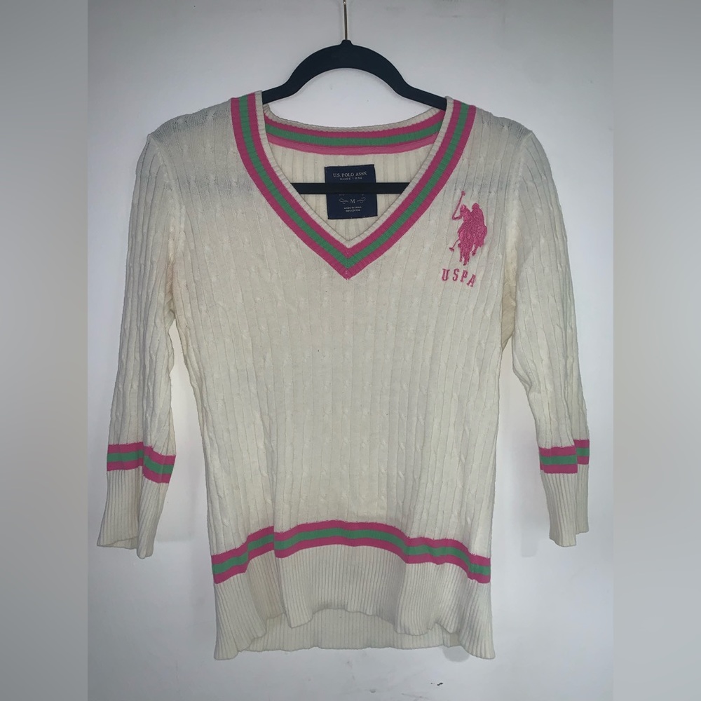 ☆ U.S. POLO ASSN SWEATER — WHITE W/ PINK & GREEN ACCENTS ☆